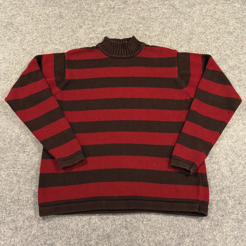 VTG Eddie Bauer Sweater Womens Medium Red Brown Stripe Mock Neck Cotton Pullover